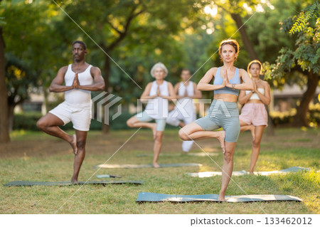 Group of multinational people practitioner performing Garudasana in garden 133462012