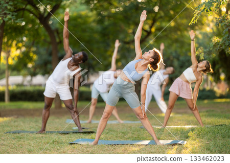 Fitness, sport and healthy lifestyle concept: group of multinational people doing yoga yoga pose - vrikshasana pose on mat in park 133462023