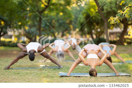 Multinational yoga enthusiasts with female coach perform Prasarita Padottanasana in park Multinational yoga enthusiasts with female coach perform Prasarita Padottanasana in park 133462025