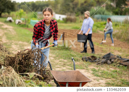 Woman takes out bunch of branches, puts garbage in wheelbarrow Woman takes out bunch of branches, puts garbage in wheelbarrow 133462039