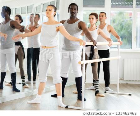 Group of dancers doing plie at barre 133462462