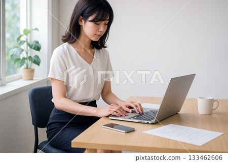 A Japanese office lady starts work at her desk by the window on Monday morning. 133462606