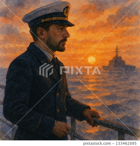 夕陽下的海軍軍官 | 手繪水彩航海畫 133462895