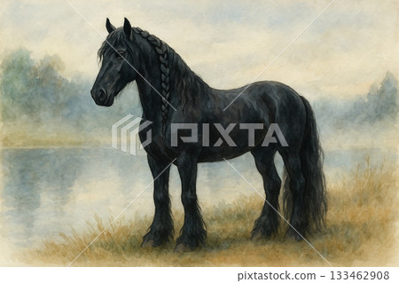 黑馬與湖邊薄霧 | 攝影水彩動物畫 黑馬與湖邊薄霧 | 攝影水彩動物畫 133462908