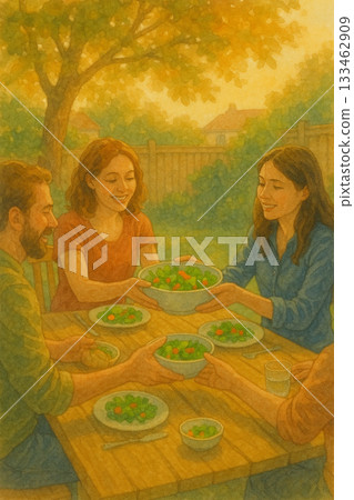 午後花園晚餐｜溫暖的家水彩畫 133462909