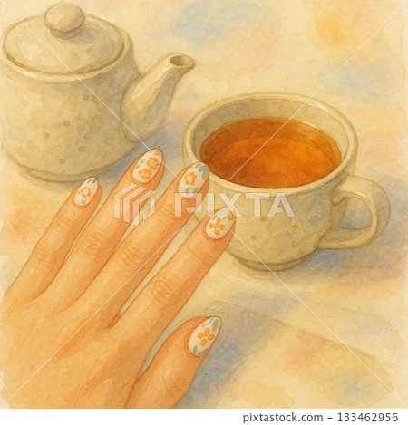 午後的陽光映照出一個茶杯的形狀,杯中點綴著花朵和手指,溫暖柔和的水彩手繪作品。 午後的陽光映照出一個茶杯的形狀,杯中點綴著花朵和手指,溫暖柔和的水彩手繪作品。 133462956