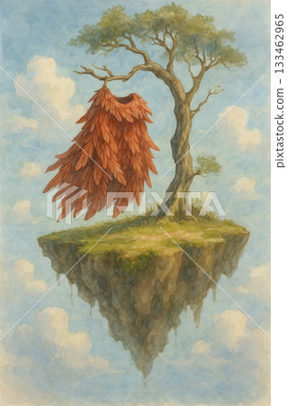 一幅如夢似幻的水彩畫，描繪了漂浮島嶼上的紅色羽毛。 133462965