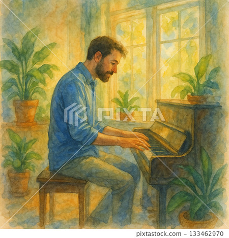 一幅手繪水彩畫，描繪了一位男子在陽光下彈奏鋼製豎琴，畫面充滿綠色意象和溫暖的光線。 133462970