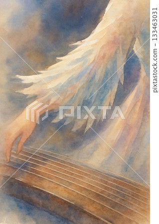手繪水彩畫:天使彈奏古琴|光之樂章,帶翅膀與節奏交織 手繪水彩畫:天使彈奏古琴|光之樂章,帶翅膀與節奏交織 133463031