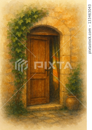 Afternoon light of old wisteria plants | Warm watercolor village style 133463043