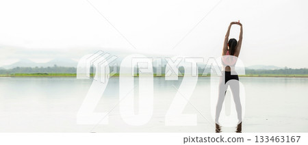 Happy new year start up 2026.  Yoga women lifestyle exercise and pose for healthy life. 133463167