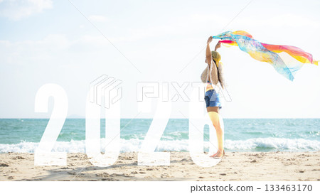 Asian young woman happy  jumping congratulation and celebrate in Happy New year 2026 133463170