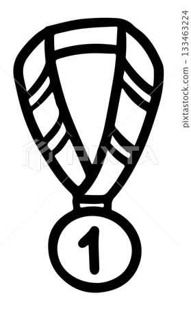 Hand drawn no. 1 medal outline for running competition, marathon, race, human, people, diet, exercise, sport, activity, healthy lifestyle, hobbies, leisure, campaign badge, sticker, kid colouring book 133463224