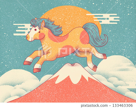 New Year's card illustration of a pop horse character and Mt. Fuji New Year's card illustration of a pop horse character and Mt. Fuji 133463306