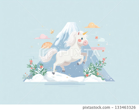 New Year's card illustration of a pop horse character and Mt. Fuji 133463326