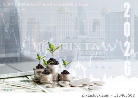 2026 New year on growing up money coin stack for investment. 133463508