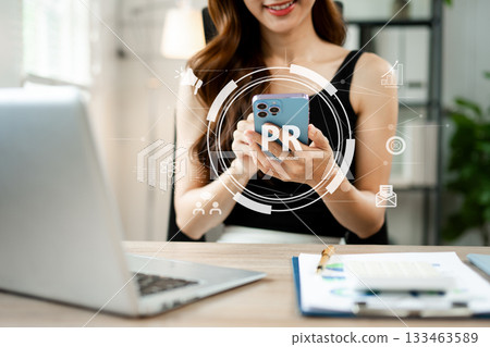 PR, Public relations concept. hands using laptop and tablet with public relations icon for communication advertising marketing strategy. with Ads and sales 133463589
