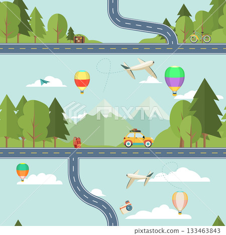 Vertical seamless pattern of transportation landscape. Various modes of travel and nature layers. Stylized green forests and mountains. Winding roads across the scene where small cars and bicycles. Vertical seamless pattern of transportation landscape. Various modes of travel and nature layers. Stylized green forests and mountains. Winding roads across the scene where small cars and bicycles. 133463843