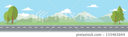 Landscape banner background of long stretch of asphalt road. Wide open green grass with trees growing sparsely in the corners. Background of soft color of mountain under sky and white clouds. 133463844