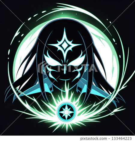 Mysterious masked figure with glowing eyes and energy aura embodies power and intrigue Mysterious masked figure with glowing eyes and energy aura embodies power and intrigue 133464223