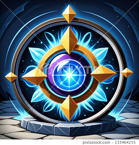 Mystical glowing portal with golden accents and celestial energy radiating outwards 133464255