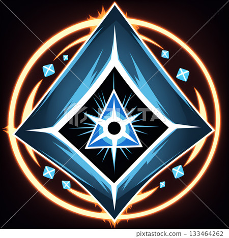 Mysterious glowing blue diamond emblem with radiating energy, symbolizing power and ancient magic 133464262