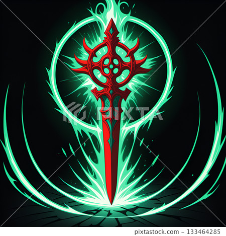 Epic fantasy sword glows with vibrant energy, radiating mystical power in a dramatic portal effect 133464285