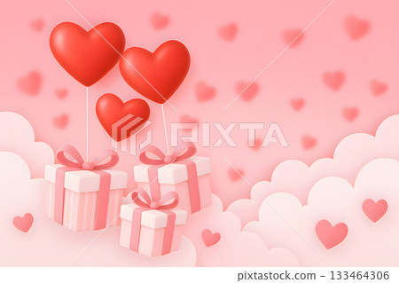 浪漫的背景，點綴著雲和心形氣球。 133464306