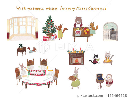 Preparing for a Christmas party (individual illustration, transparent) 133464318