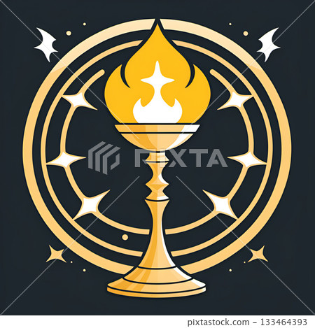Golden chalice with eternal flame and celestial starry circle symbolizing hope, guidance, and spiritual enlightenment 133464393