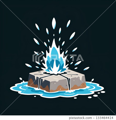 Dynamic blue flame erupts from cracked stone base with splashing water effects against dark backdrop 133464414