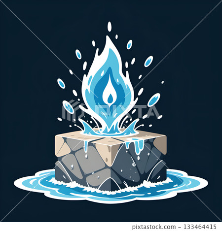 Dynamic blue water flame erupts from a stone cube surrounded by splashing liquid, symbolizing power and purity Dynamic blue water flame erupts from a stone cube surrounded by splashing liquid, symbolizing power and purity 133464415