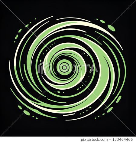 Vibrant green and white abstract vortex with dynamic swirling lines creates a mesmerizing visual effect on a black background 133464466