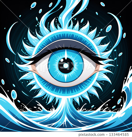 Dynamic blue eye with water splashes and fiery energy, symbolizing protection and power in a modern abstract design 133464585
