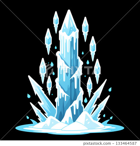 Dynamic frozen crystal formation erupting with icy shards and water droplets, a powerful winter natural wonder 133464587