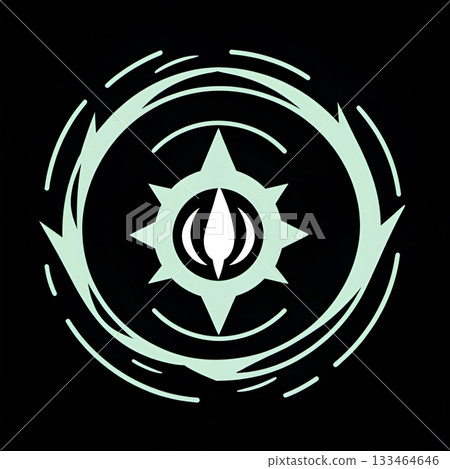 Mystical glowing compass symbol radiating energy in a circular motion, perfect for fantasy or spiritual branding Mystical glowing compass symbol radiating energy in a circular motion, perfect for fantasy or spiritual branding 133464646