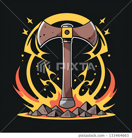 Powerful double-headed axe emerges from fiery rocks, radiating ancient strength and mythical energy 133464663