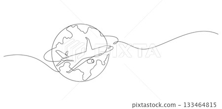 airplane flying around the world one line drawing continuous 133464815
