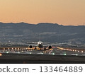 Plane landing at the airport at dusk 133464889