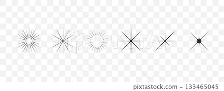 Sparkle stars collection. Minimalistic star set. Sunburst shape bundle. Vector illustration isolated on transparent background 133465045