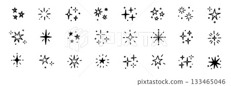 Hand drawn star spark doodle element icon set. Star shape twinkle glitter spark shine crayon grunge brush line icons. Hand drawn sketch doodle style. Light decoration background vector 133465046