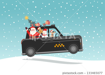 Christmas Greeting card Cute Santa Claus and Snowman on British Taxi car Christmas Greeting card Cute Santa Claus and Snowman on British Taxi car 133465077