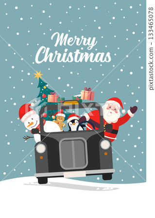 Greeting card of Christmas Cute Santa Claus and Snowman on British Taxi car Greeting card of Christmas Cute Santa Claus and Snowman on British Taxi car 133465078
