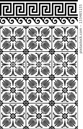 Vector monochrome classic ornament. Greek key meander. Patterns of Greece, ancient Rome. European border. Antique border from Greek. Typical egyptian, assyrian, greek motives. Seamless ornamen pattern 133465155