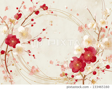 A modern Japanese frame using Japanese paper texture, plum blossoms, and Mizuhiki 133465160