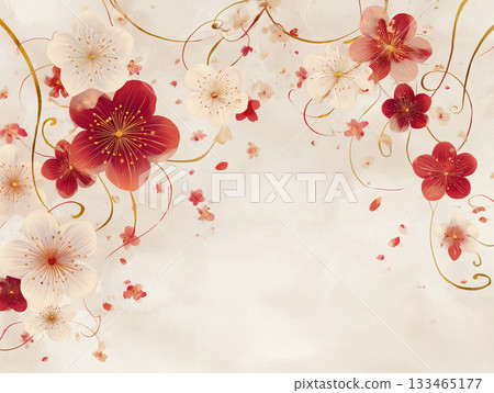 A modern Japanese frame using Japanese paper texture, plum blossoms, and Mizuhiki 133465177