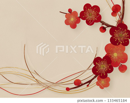 一款現代日式畫框，採用日式紙張紋理、梅花和水引圖案。 133465184