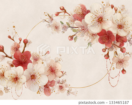 A modern Japanese frame using Japanese paper texture, plum blossoms, and Mizuhiki 133465187