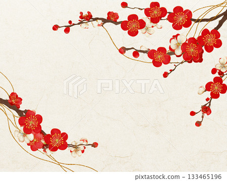 一款現代日式畫框，採用日式紙張紋理、梅花和水引圖案。 133465196