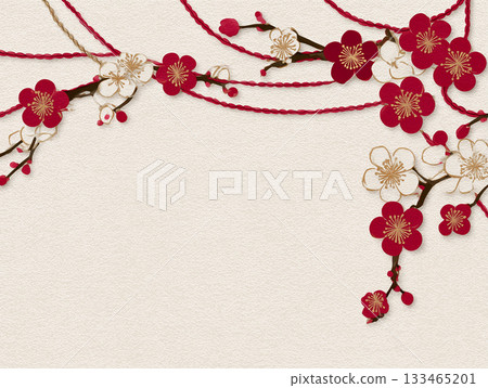 一款現代日式畫框，採用日式紙張紋理、梅花和水引圖案。 133465201